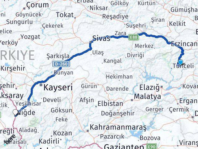 Tunceli Nazımiye Niğde Arası Kaç Km - Yol Haritası