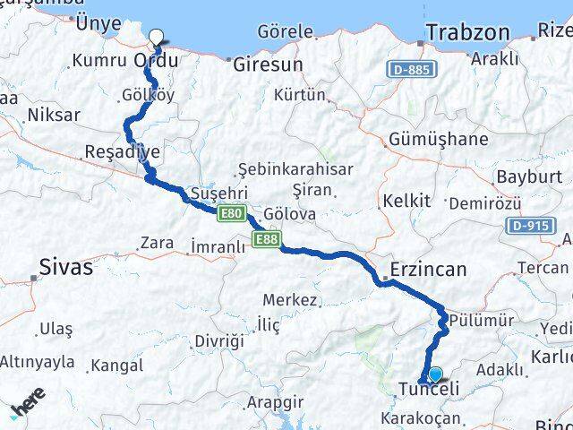 Tunceli Nazımiye Ordu Arası Kaç Km - Yol Haritası