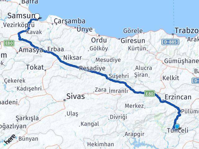 Tunceli Nazımiye Samsun Arası Kaç Km - Yol Haritası