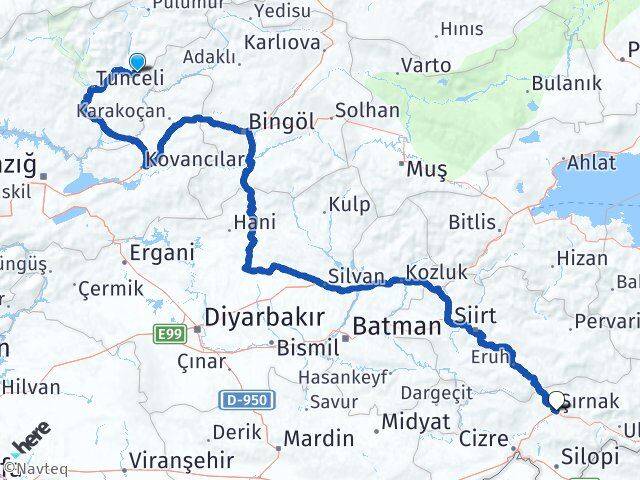 Tunceli Nazımiye Şırnak Arası Kaç Km - Yol Haritası