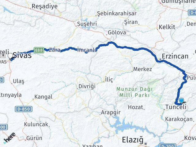 Tunceli Nazımiye Sivas Arası Kaç Km - Yol Haritası
