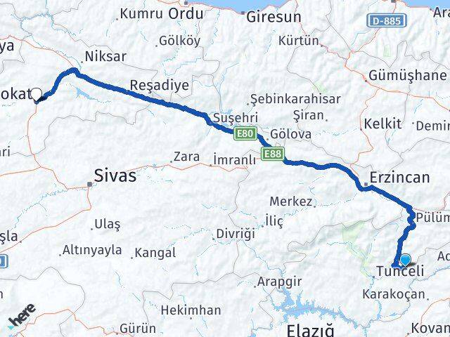 Tunceli Nazımiye Tokat Arası Kaç Km - Yol Haritası
