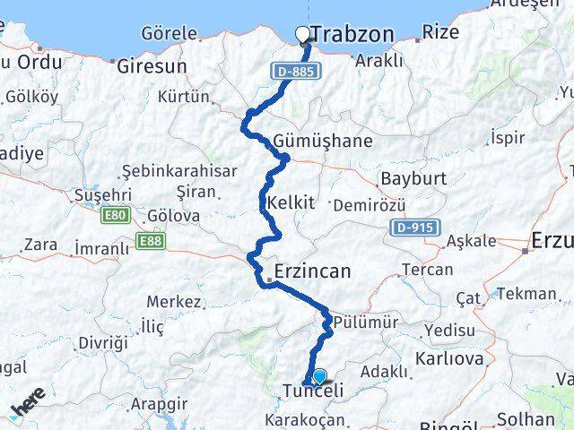 Tunceli Nazımiye Trabzon Arası Kaç Km - Yol Haritası