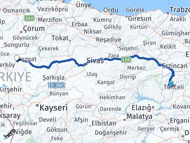 Tunceli Nazımiye Yozgat Arası Kaç Km - Yol Haritası