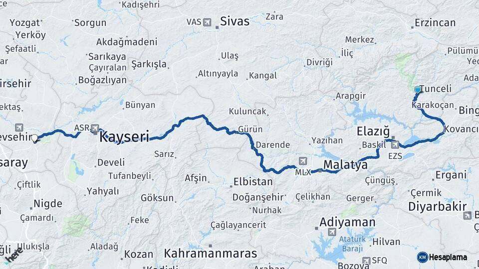 Tunceli Nevşehir Arası Kaç Km - Yol Haritası