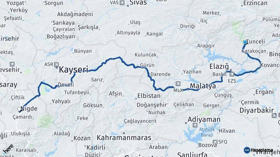 Tunceli Niğde Arası Kaç Km - Yol Haritası