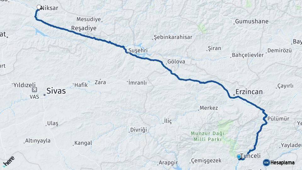 Tunceli Niksar Tokat Arası Kaç Km - Yol Haritası