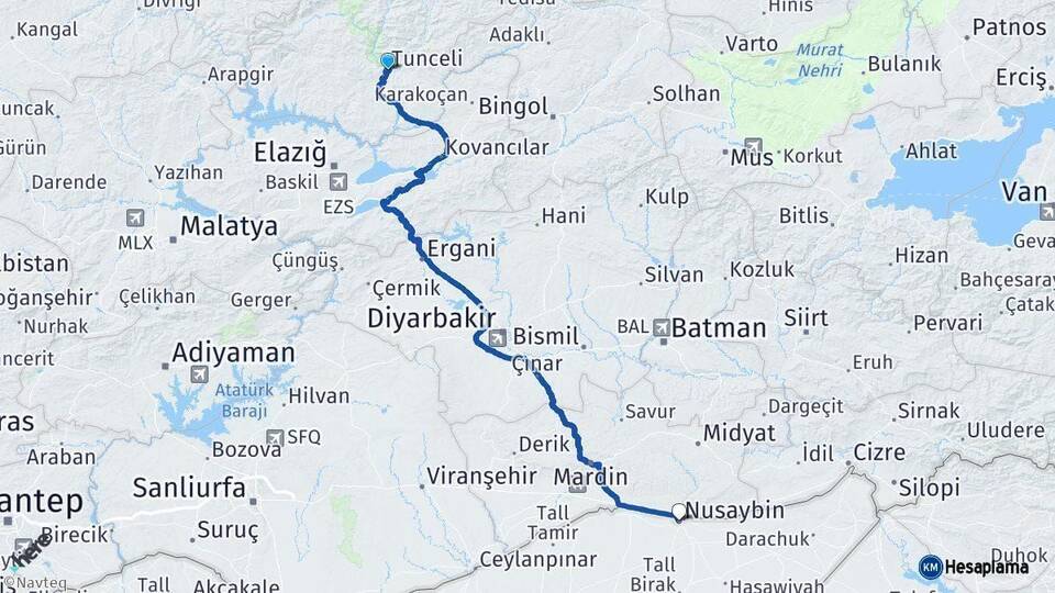 Tunceli Nusaybin Mardin Arası Kaç Km - Yol Haritası