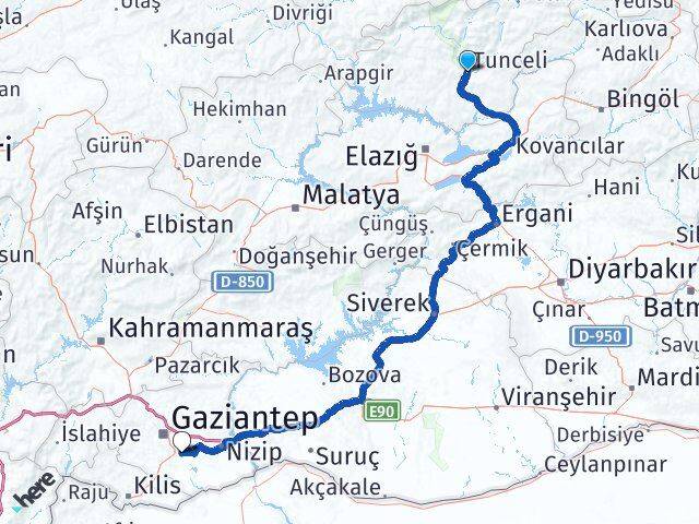 Tunceli Oğuzeli Gaziantep Arası Kaç Km - Yol Haritası