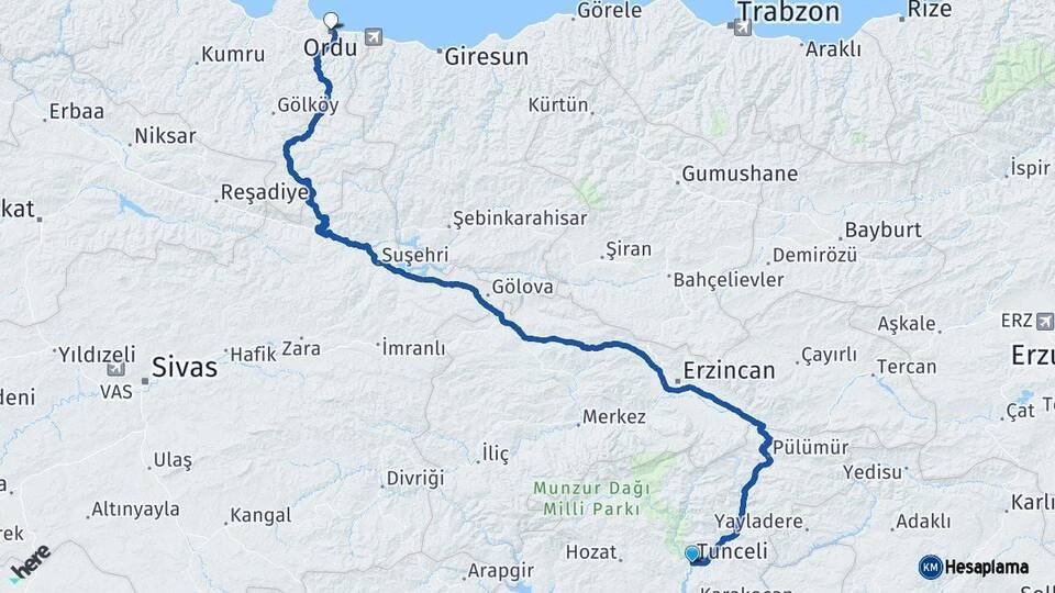 Tunceli Ordu Arası Kaç Km - Yol Haritası