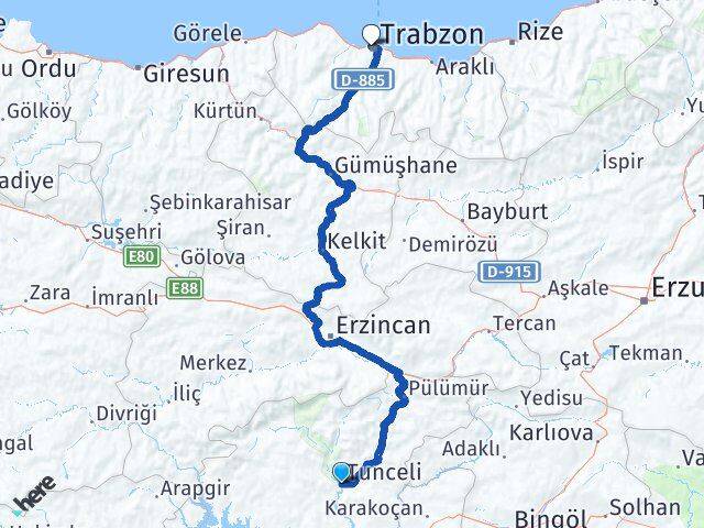 Tunceli Ortahisar Trabzon Arası Kaç Km - Yol Haritası