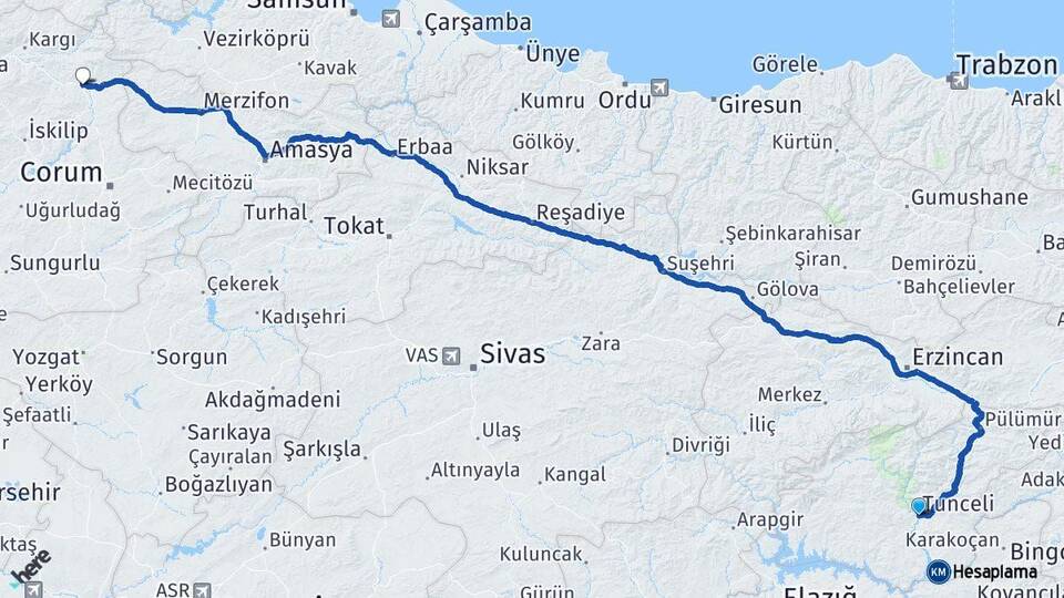 Tunceli Osmancık Çorum Arası Kaç Km - Yol Haritası