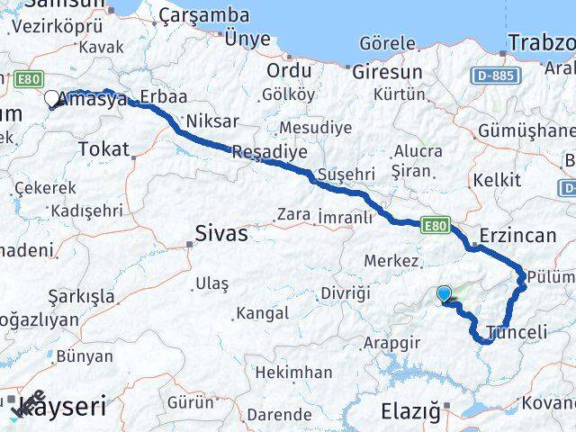 Tunceli Ovacık Amasya Arası Kaç Km - Yol Haritası