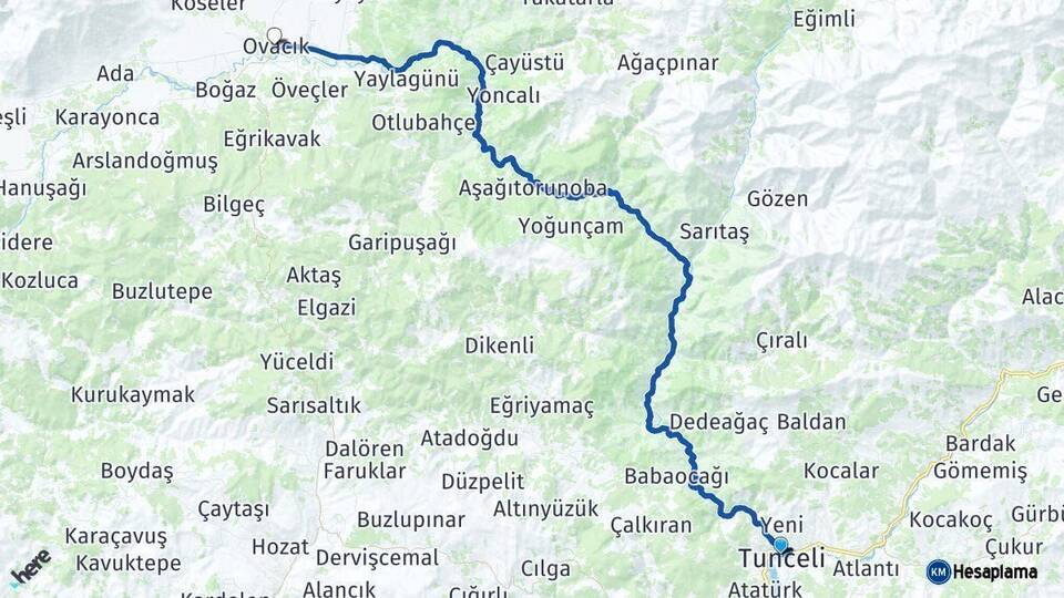 Tunceli Ovacık Arası Kaç Km - Yol Haritası