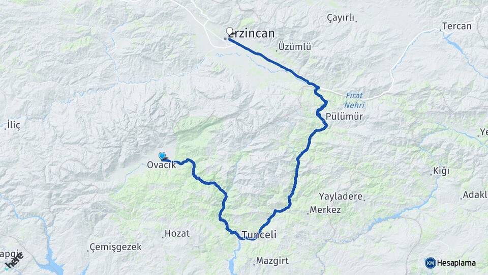 Tunceli Ovacık Başbağlar Erzincan Arası Kaç Km - Yol Haritası