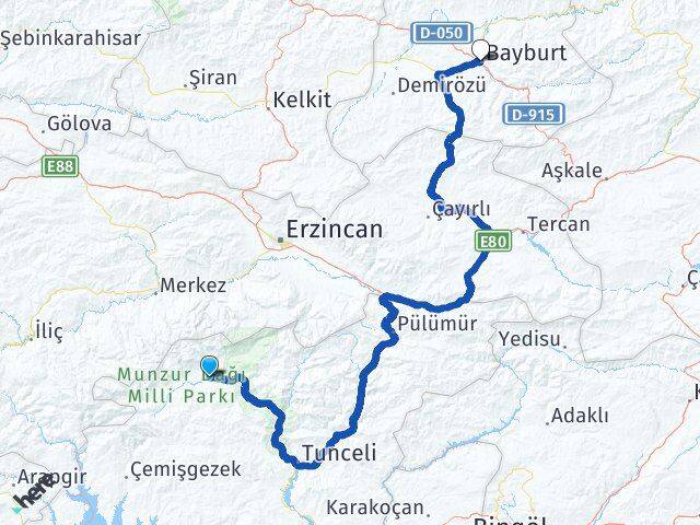 Tunceli Ovacık Bayburt Arası Kaç Km - Yol Haritası