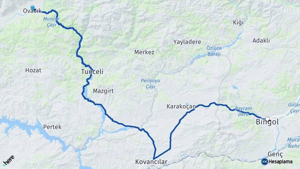 Tunceli Ovacık Bingöl Arası Kaç Km - Yol Haritası