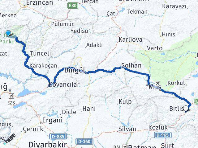 Tunceli Ovacık Bitlis Arası Kaç Km - Yol Haritası