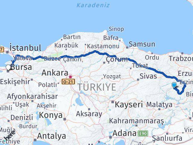 Tunceli Ovacık Bursa Arası Kaç Km - Yol Haritası