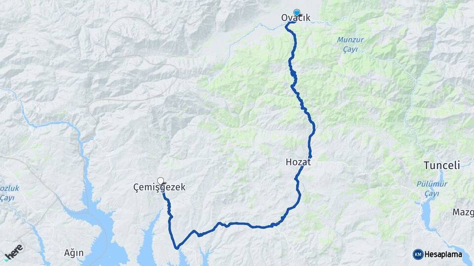 Tunceli Ovacık Çemişgezek Arası Kaç Km - Yol Haritası
