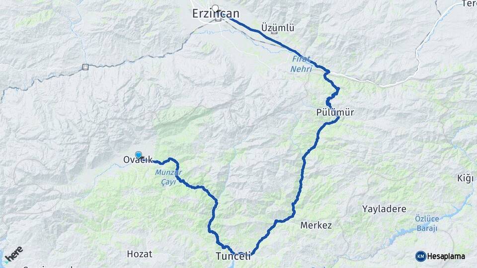Tunceli Ovacık Erzincan Arası Kaç Km - Yol Haritası