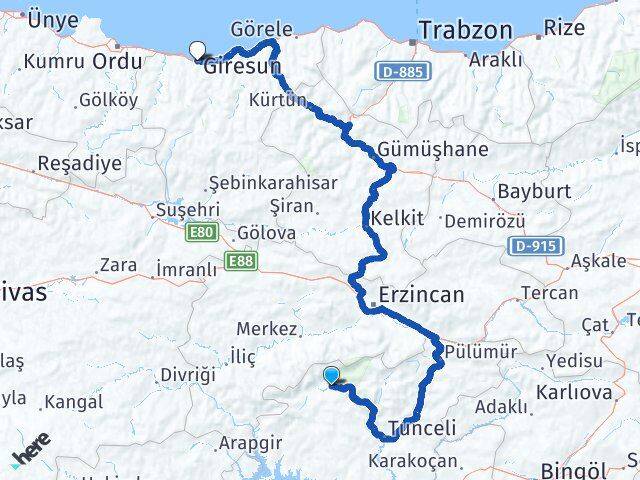 Tunceli Ovacık Giresun Arası Kaç Km - Yol Haritası