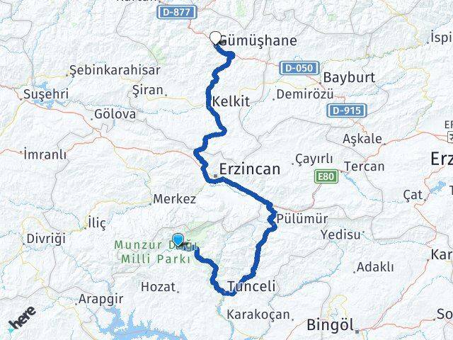 Tunceli Ovacık Gümüşhane Arası Kaç Km - Yol Haritası