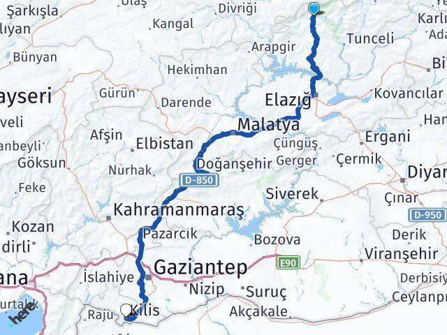 Tunceli Ovacık Kilis Arası Kaç Km - Yol Haritası