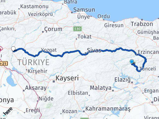 Tunceli Ovacık Kırıkkale Arası Kaç Km - Yol Haritası