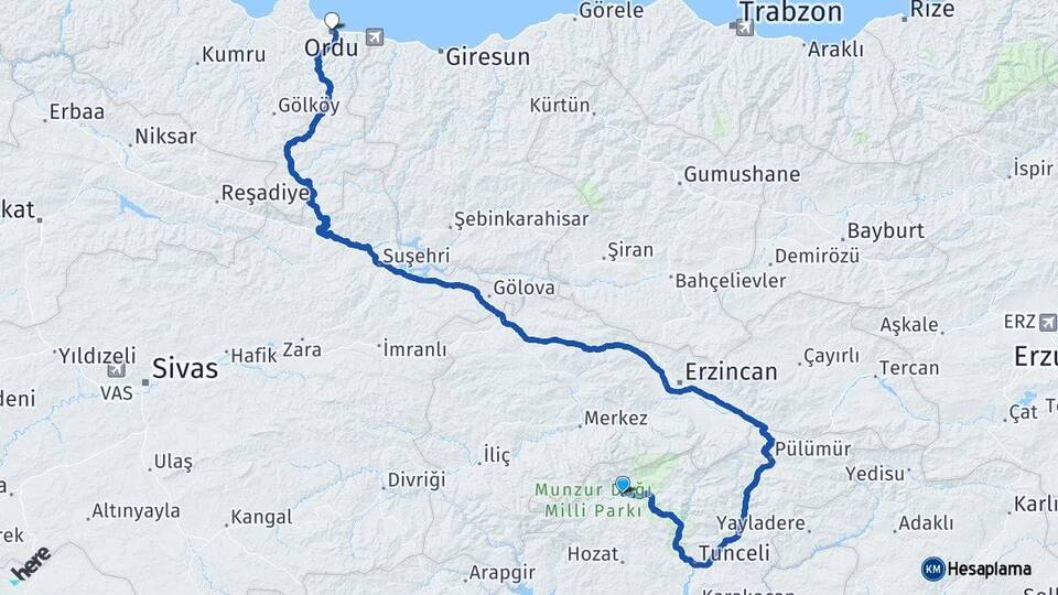 Tunceli Ovacık Ordu Arası Kaç Km - Yol Haritası