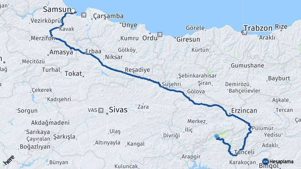 Tunceli Ovacık Samsun Arası Kaç Km - Yol Haritası