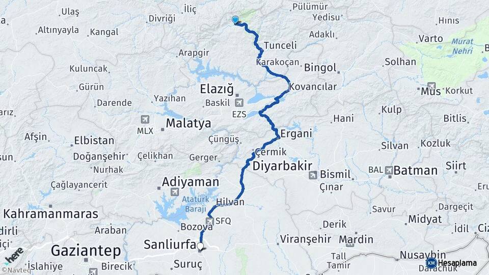 Tunceli Ovacık Şanlıurfa Arası Kaç Km - Yol Haritası