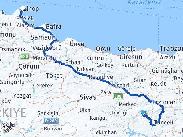 Tunceli Ovacık Sinop Arası Kaç Km - Yol Haritası