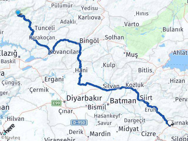 Tunceli Ovacık Şırnak Arası Kaç Km - Yol Haritası