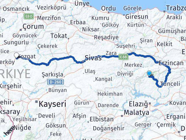 Tunceli Ovacık Yozgat Arası Kaç Km - Yol Haritası