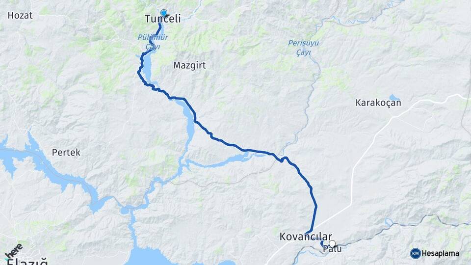 Tunceli Palu Elazığ Arası Kaç Km - Yol Haritası