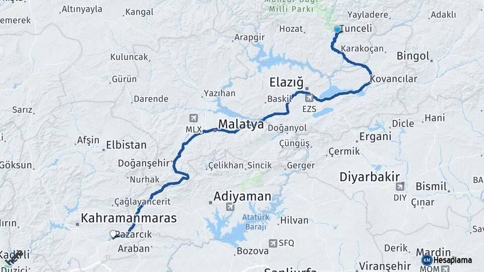 Tunceli Pazarcık Kahramanmaraş Arası Kaç Km - Yol Haritası