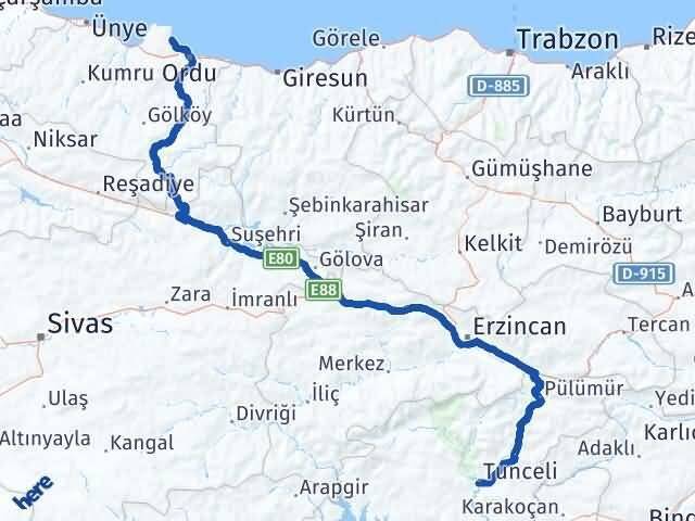 Tunceli Perşembe Ordu Arası Kaç Km - Yol Haritası