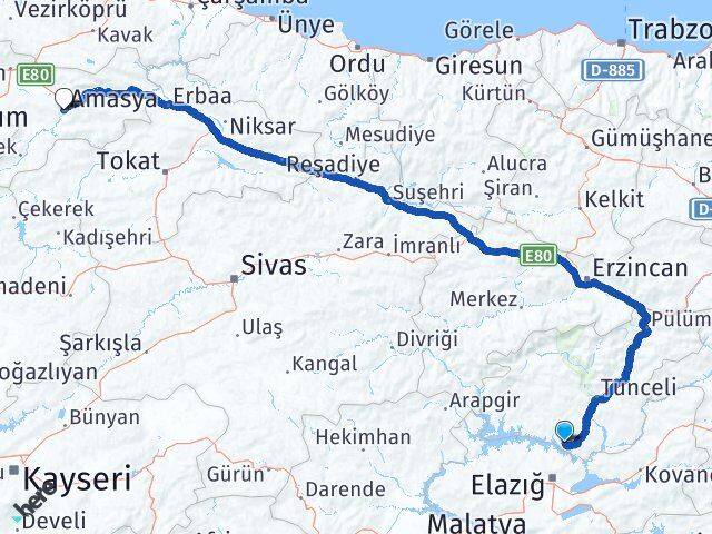 Tunceli Pertek Amasya Arası Kaç Km - Yol Haritası