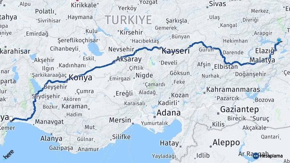Tunceli Pertek Antalya Arası Kaç Km - Yol Haritası