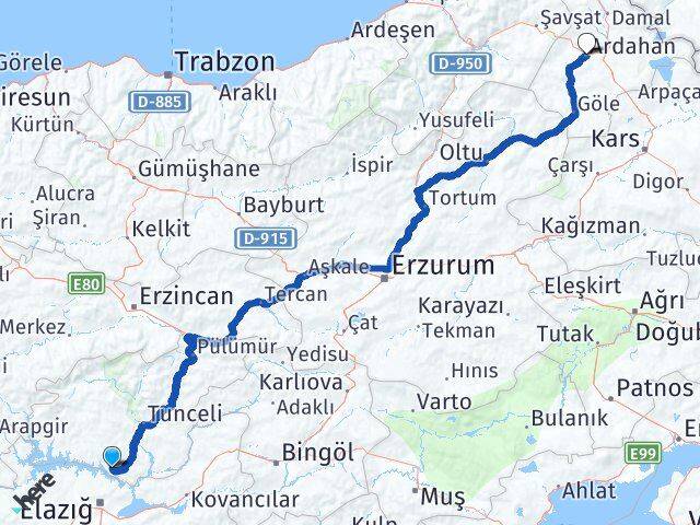 Tunceli Pertek Ardahan Arası Kaç Km - Yol Haritası