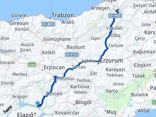 Tunceli Pertek Artvin Arası Kaç Km - Yol Haritası