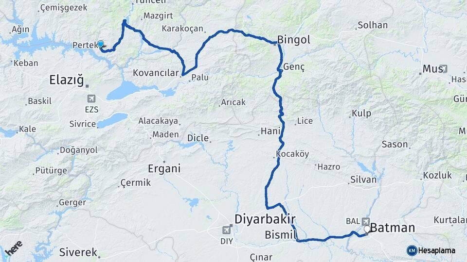 Tunceli Pertek Batman Arası Kaç Km - Yol Haritası