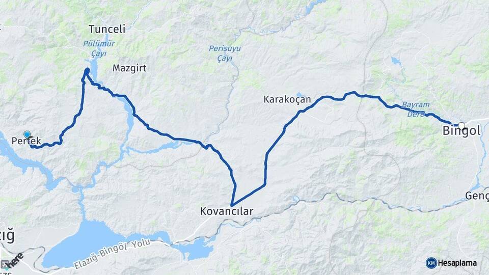 Tunceli Pertek Bingöl Arası Kaç Km - Yol Haritası