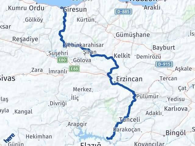 Tunceli Pertek Giresun Arası Kaç Km - Yol Haritası