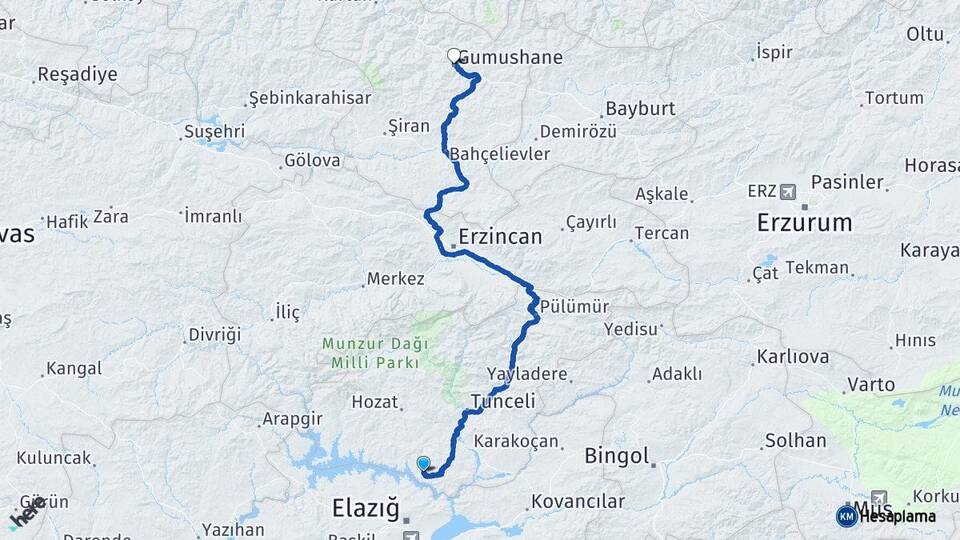 Tunceli Pertek Gümüşhane Arası Kaç Km - Yol Haritası