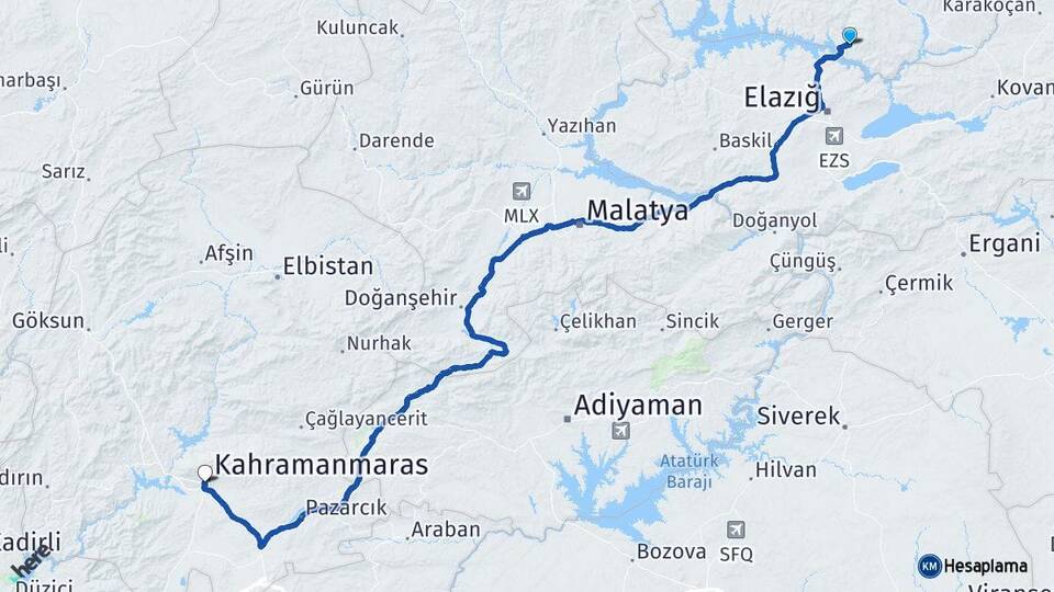 Tunceli Pertek Kahramanmaraş Arası Kaç Km - Yol Haritası