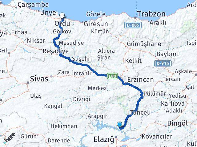 Tunceli Pertek Ordu Arası Kaç Km - Yol Haritası