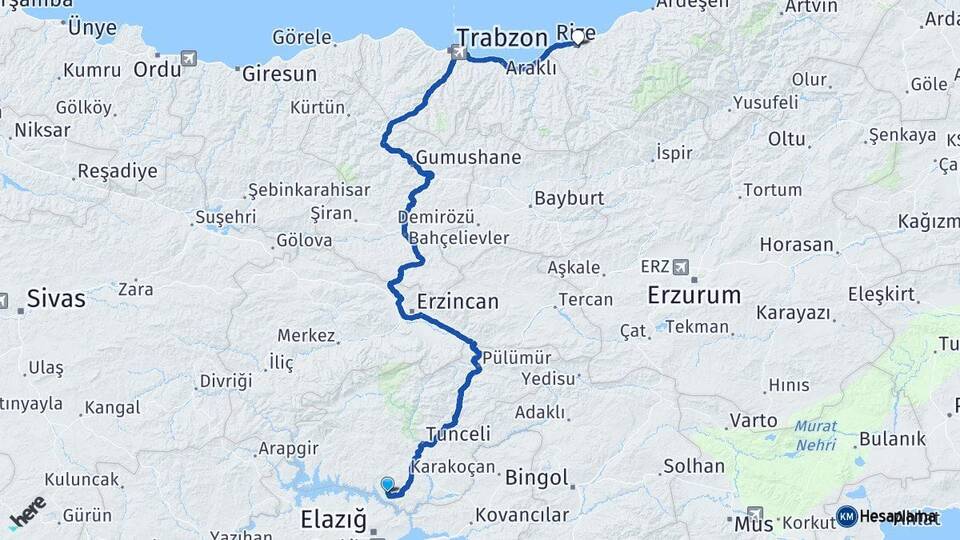 Tunceli Pertek Rize Arası Kaç Km - Yol Haritası