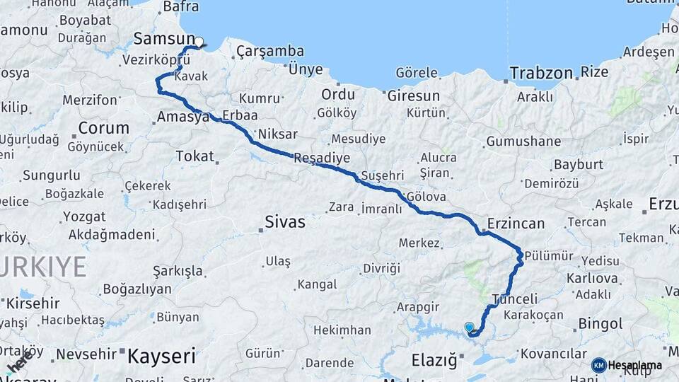 Tunceli Pertek Samsun Arası Kaç Km - Yol Haritası